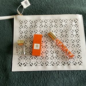 Tory Burch bag/clutch and perfume, bag is cream and clear